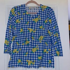 Blue gingham and yellow flowers Kim Rogers 3/4 length sleeve cardigan
